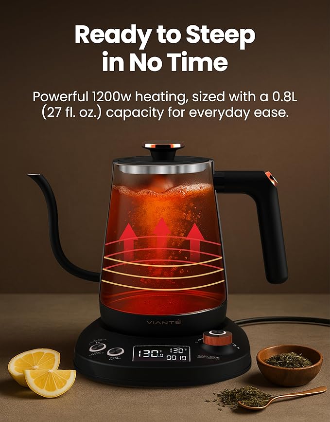Vianté Electric Gooseneck Kettle with Precise Temperature Control. Pour Over Coffee & Tea Kettle. Boil-Dry Protection & Keep Warm Function. Stainless Steel, BPA-Free. Includes V60#2 Filters. 0.8L - Bloomnest
