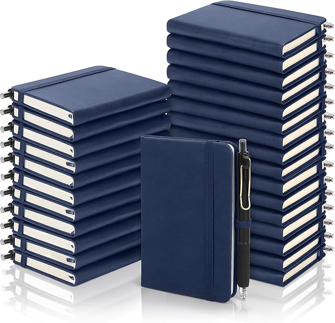 Aodaer 50 Sets Pocket Notebook Journal with Pens, 160 Pages, 3.5 x 5.5 Inch Mini Lined Journal Notebook A6 Leather Hardcover College Ruled Notepad with Pen Holder for School Office Gifts, Navy Blue - Bloomnest