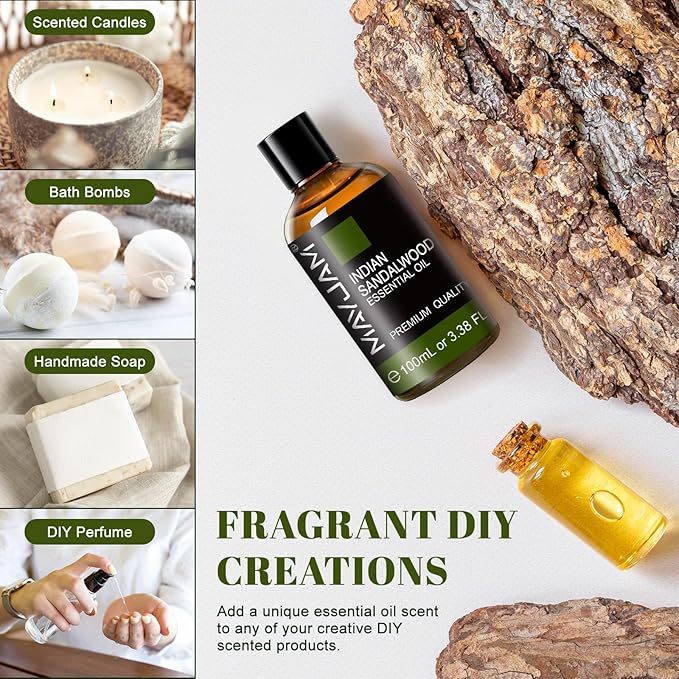 MAYJAM Indian Sandalwood Essential Oils 3.38 FL.OZ Pure Indian Sandalwood Oil for Massage Skin Care Hair Care Diffuser Candle and Soap Making - 100ml - Bloomnest