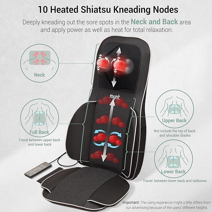Mynt 2D & 3D Shiatsu Neck and Back Massager for Chair with 10 Deep Kneading Nodes, Back Massage with Heat, Portable Spot Massage Chair Pad (Black) - Bloomnest