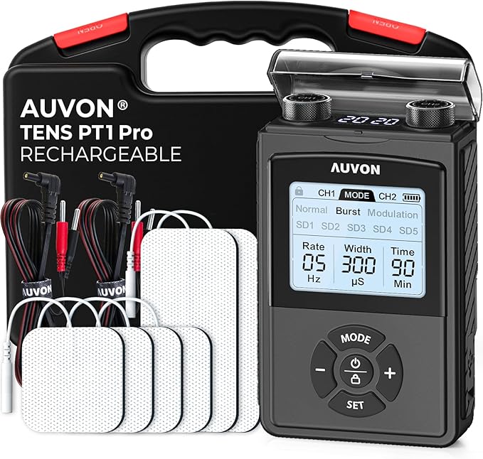 AUVON Rechargeable Digital TENS Unit Muscle Stimulator with 600 mAh Battery, TENS Machine with 8 Customizable Modes, Electric Massager for Shoulder, Back Pain Relief, 6 TENS Pads, A Carry Case