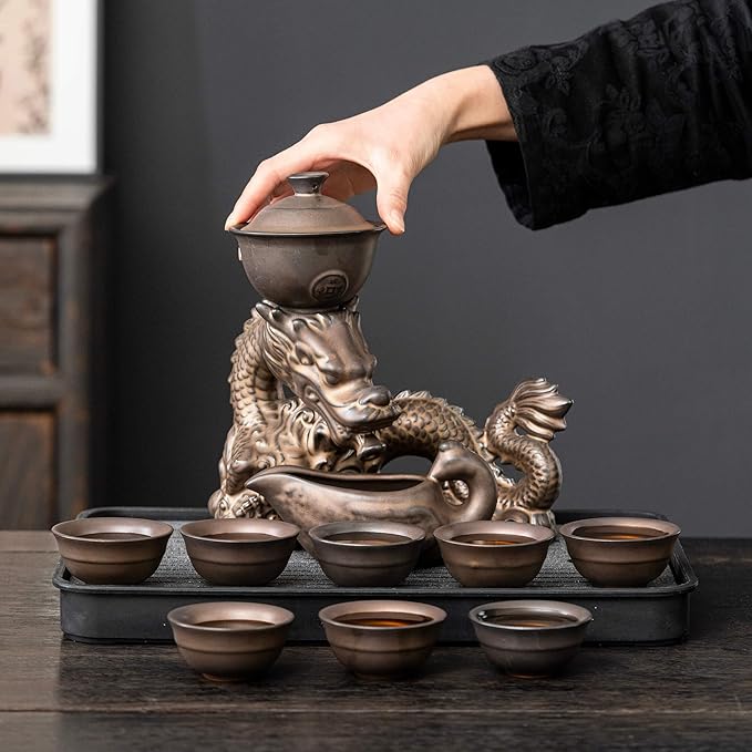 Kungfu Tea Sets Ceramic Teapot with Infuser Loose Leaf Tea Teapot with 8 cups (Antique Brass Dragon- C) - Bloomnest