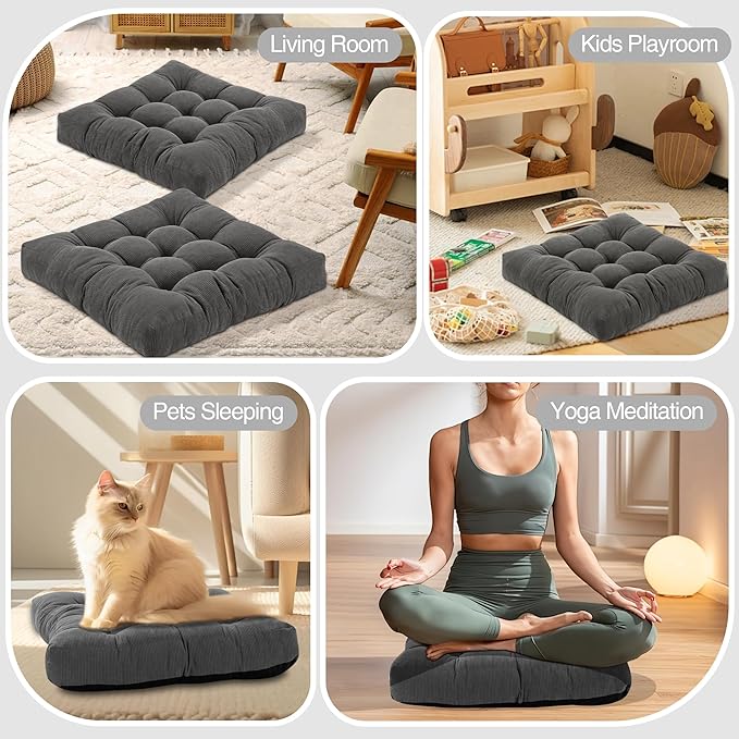 Floor Pillow Cushions for Adults Sitting Large Big Pillows for Floor Seating Square Memory Foam Thick Tufted, 22 x 22 Inch, Set of 2, Dark Grey - Bloomnest