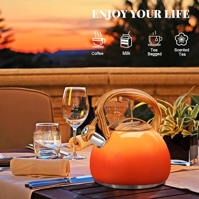 GGC Tea Kettle for Stove Top, 3.1QT/3L Whistling Tea Kettles for Boiling Water, Coffee or Milk, Red Sunset Tea Pot with Wood Pattern Handle, Stainless Steel Tea Pot for Home and Kitchen - Bloomnest