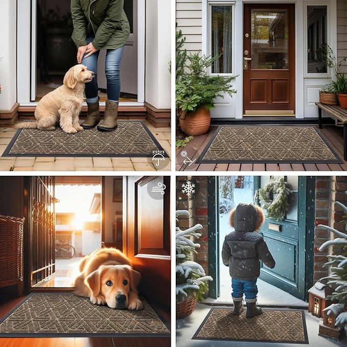 Smiry Front Door Mat Outside Entrance, Heavy Duty Sturdy Natural Rubber Doormat, Trap Dirt and Moisture, Easy Clean Low Profile Mats for Indoor Outdoor Entry, Grid Geometric (59x24, Brown) - Bloomnest