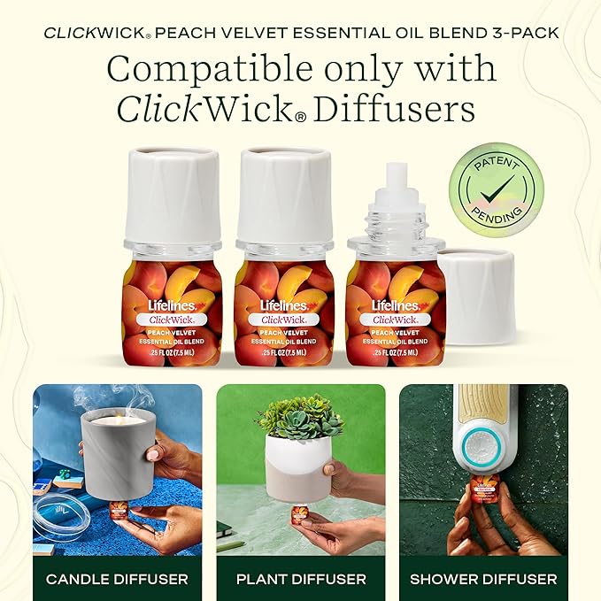 Lifelines ClickWick Essential Oil Blends for Lifelines Diffusers, 3-Pack Peach Velvet Set – Essential Oil Blend Refill for Candle, Plant & Shower Aromatherapy Diffuser – Fragrance for Diffusers - Bloomnest