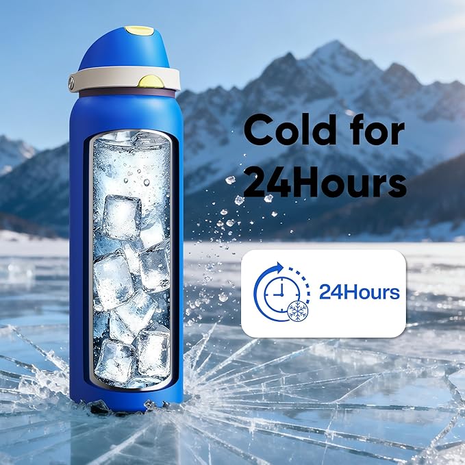Insulated Water Bottle with Straw - Encool Stainless Steel Water Bottle with Push Button Lid, Leak-Proof & BPA-Free, Keeps Cold for 24 Hours for Sports, Travel, Gym (40 oz, Sapphire) ENCOOL