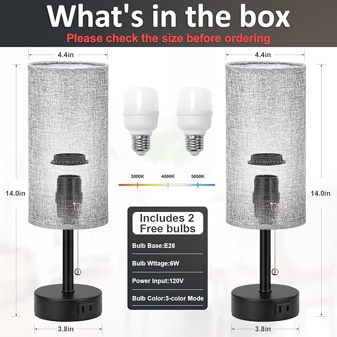 Fenmzee Grey Bedside Table Lamps Set of 2-3 Color Temperatures Pull Chain Lamp with AC Outlet Charging Port, Round Night Stand Lamps for Bedroom Office, Small Bed Side Light with E26 LED Bulbs - Bloomnest