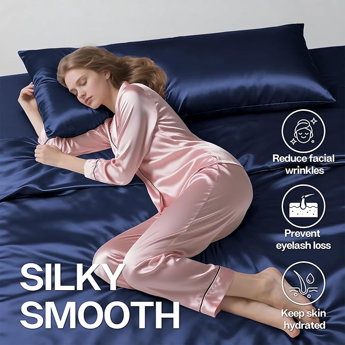 MR&HM Satin Body Pillow Cover, Soft and Breathable Body Pillow Case with Envelope Closure, Cooling and Silky Long Pillowcase for Hair and Skin,Grey (20x54, Navy Blue) - Bloomnest