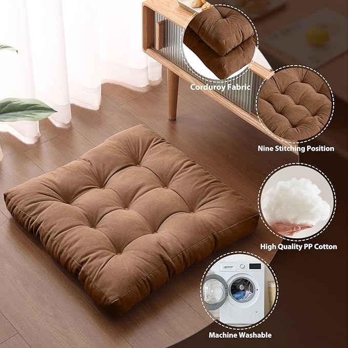 Tiita Meditation Floor Pillows, 22 Inch Square Floor Cushions for Adults, Thicken Tufted Seat Pad Set of 2, Large Floor Cushion for Yoga Garden Living Room Balcony Office Tatami, Coffee