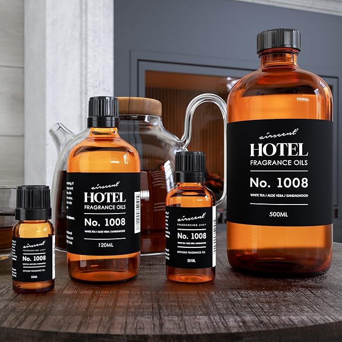 AirScent Hotel Diffuser Oil No. 1008 - White Tea, Aloe Vera & Sandalwood - Hotel Scent Dupe - Premium Fragrance Oil for Ultrasonic and Waterless Diffusers and Crafting - 30 mL, 1 fl oz Bottle Airscent