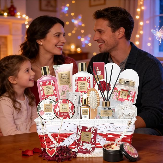 Valentines Day Gifts for Women - 19-Piece Luxury Rose & Cherry Blossom Spa Gift Basket Set Bath and Body Gift Sets Care Kit with Necklace | Christmas Gifts, Mothers Day Gifts Baskets for Mom, Wife