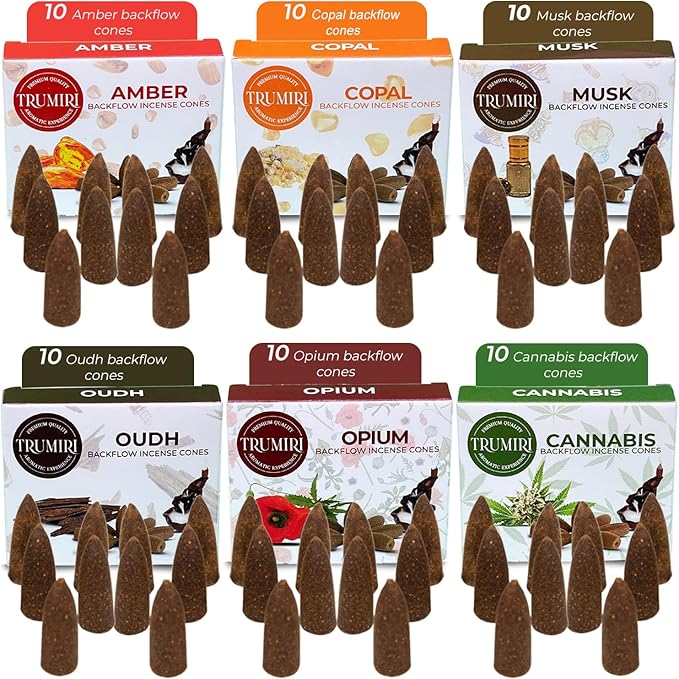 Exotic - Backflow Incense Cones for Waterfall - Scented Inscents-Cones - Copal, Amber, Musk, Oud - Insiensos Aromaticos - 6x10=60 Large Variety Pack TRUMIRI