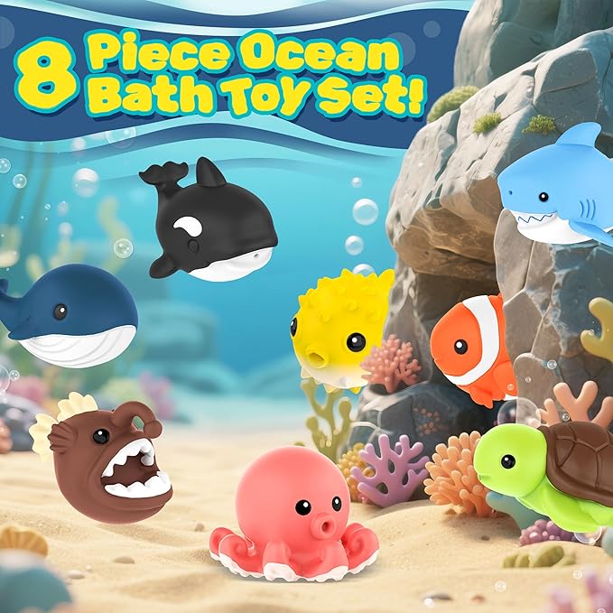 8 PCS Ocean Animal Bath Toys Mold Free Infant Bath Tub Toys for 12 Months - No Hole Bathtub Toys for Toddlers 1-3 Water Pool Toys for Baby Toddler Ages 1+ - Bloomnest