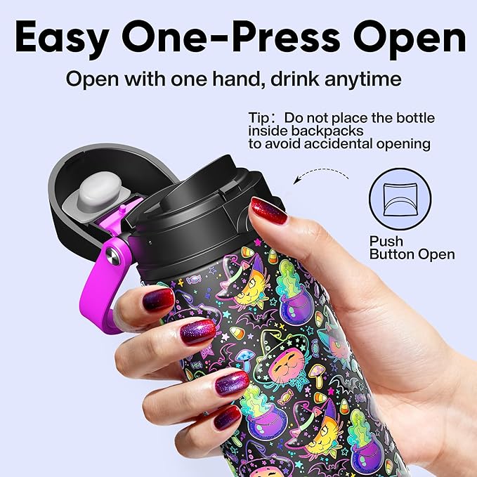 Insulated Water Bottle with Straw - Encool Stainless Steel Water Bottle with Push Button Lid, Leak-Proof & BPA-Free, Keeps Cold for 24 Hours for Sports, Travel, Gym (24 oz, Meowgic Night) ENCOOL