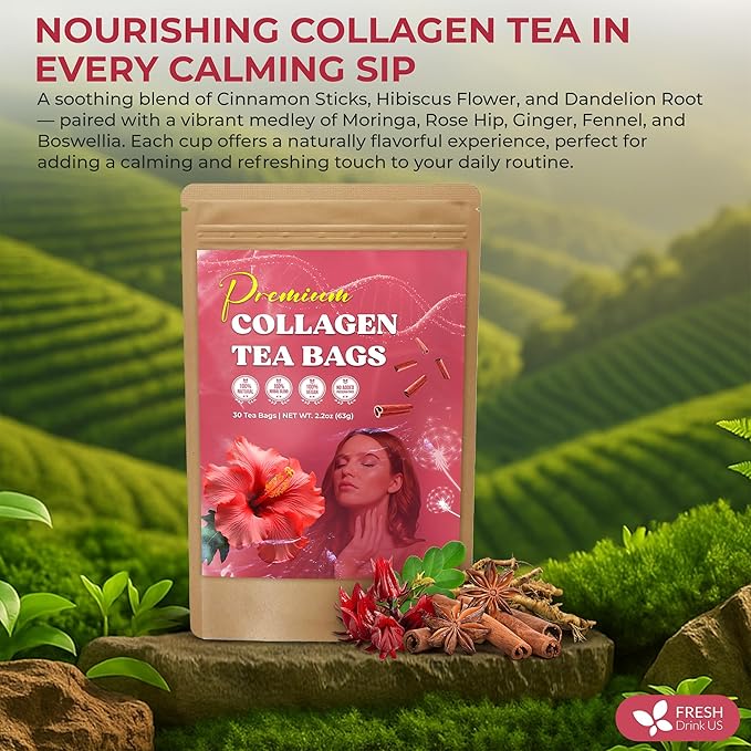 FreshDrinkUS, Premium Collagen Herbal Tea – 30 Tea Bags | Cinnamon Stick, Hibiscus, Dandelion Root, Moringa Leaves, Rose Hip, Ginger, Fennel Seed, Boswellia | Caffeine-Free, Natural Flavorful Blend - Bloomnest