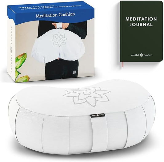 Mindful & Modern Large Meditation Cushion | Zafu Yoga Bolster Meditation Floor Pillow Seat | Buckwheat Hull Filled Crescent Shaped Cushion with Removable Washable Cover + Carry Handle - Bloomnest