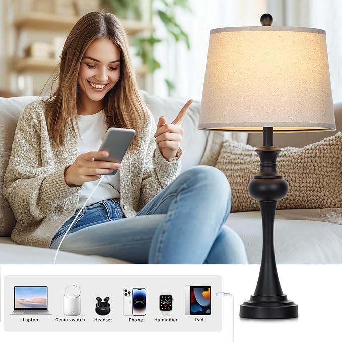 28.75" 3-Way Touch Control Modern Table Lamp Set of 2 for Living Room, Bedside Lamp with USB A+C Ports, Mid Century Black Table Lamps, Nightstand Lamps Set,Beige Fabric Shade Vintage Accent Style - Bloomnest