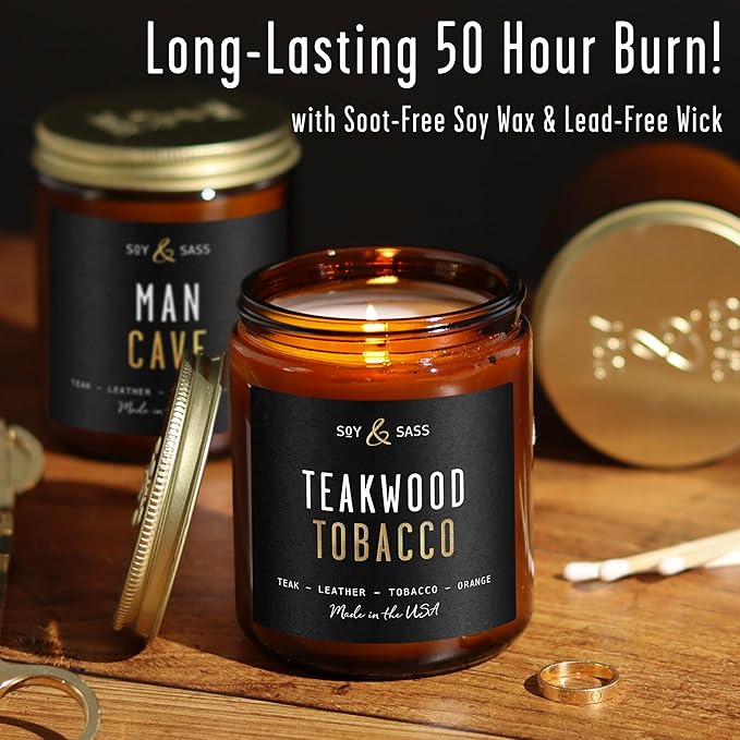 Teakwood & Tobacco Candle I Scented Black Candles for Men or Women - Teakwood, Tobacco & Orange Soy Wax Mens Candle - Infused w/Essential Oils | Long-Lasting 50Hr Burn, 9oz I Non Toxic I Made in USA - Bloomnest