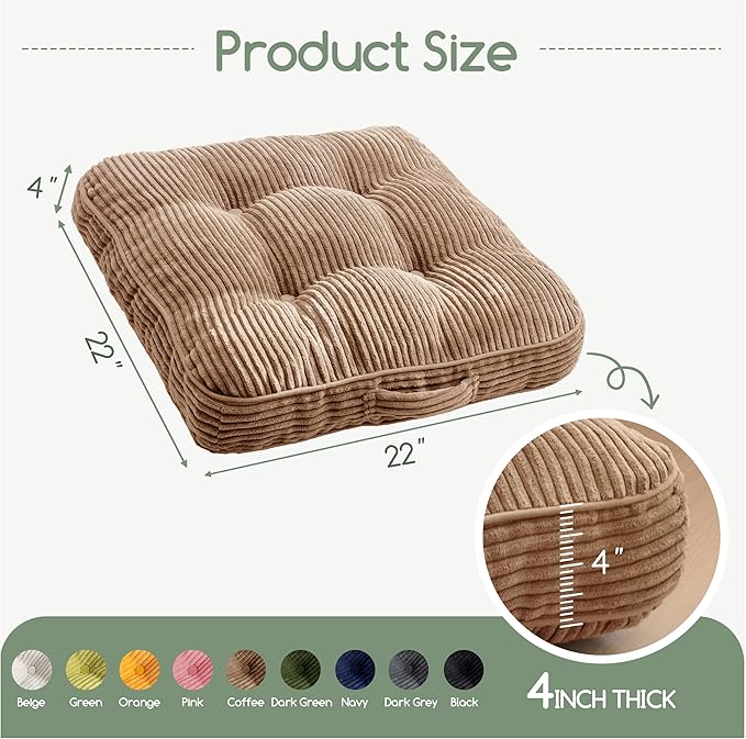 Washable Floor Pillow Cushion for Adults, Meditation Cushion Pillow, Large Square Floor Sitting, Removable Tufted Corduroy Cover, for Tatami Living Room or Yoga, 22x22 Inch, 2Pack, Machine Washable - Bloomnest