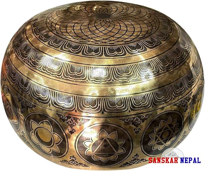 Large Singing Bowl - 19 Inches in Diameter - Buddha's Feet Etched by Artisans from Nepal - For Healing, Sound Bath, Yoga, Relaxation, and Meditation Gold