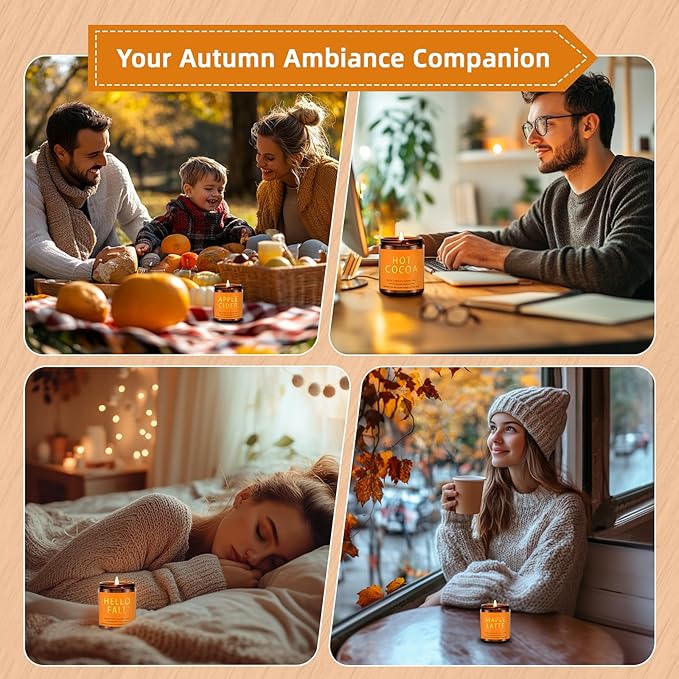 Fall Candles Set | 4 Pack Candles for Home Scented Natural Soy Wax, Autumn Gifts Set for Women Men, Fall Fragrance of Hellofall, Spice Pumpkin, Apple Cider, Hot Cocoa - Bloomnest