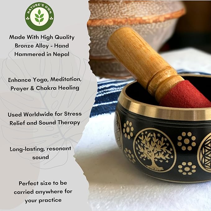 Nature's Own Tibetan Singing Bowl Set - 3.5 Inch, Black - Handcrafted in Nepal, Easy to Play - Ideal for Meditation, Yoga, Chakra Healing, Stress Relief, Spiritual Gifts for Men & Women - Bloomnest