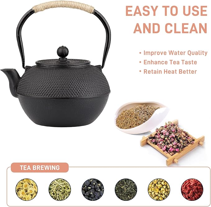 Small Tea Kettle, 40oz Tea Pot, Japanese Tetsubin, Cast Iron Teapot with Infuser for Stovetop Safe Coated with Enameled Interior (Black, 1200ml) - Bloomnest