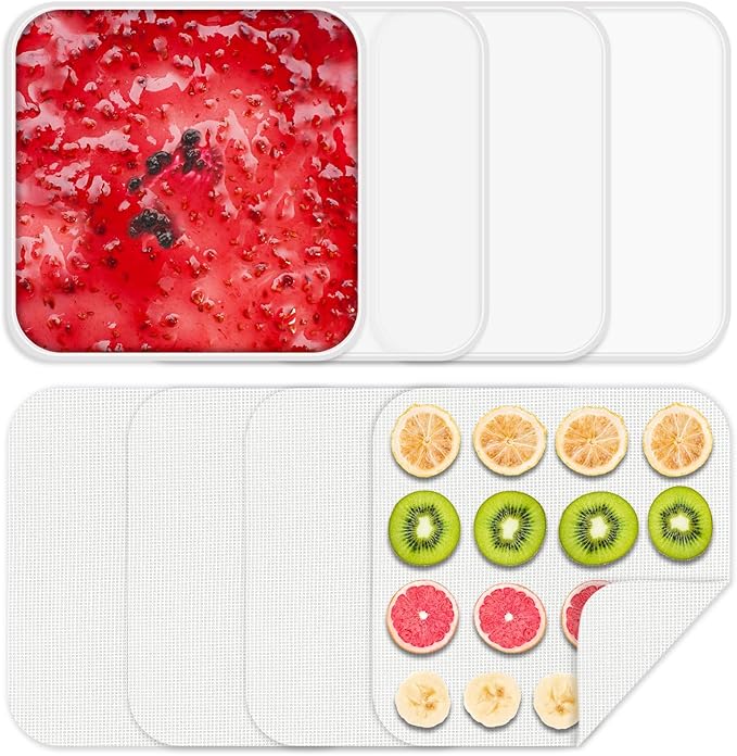 4 Pcs Silicone Food Dehydrator-Trays with Edge, 4 Pcs Mesh Dehydrator Mats,Reusable Non Stick Silicone Dehydrator Sheets (9.45x 9.45in) for Liquids,Fruit Leather,Herbs,Meat and Yogurt - Bloomnest