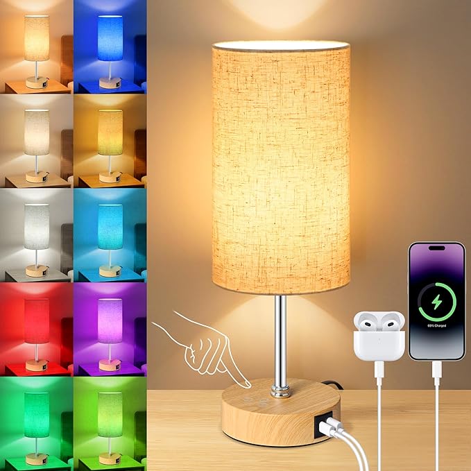 Unicozin Small Table Lamp, 3CCT & 7 RGB Color Changing, Dimmable Nightstand Lamp with Wood Grain Base, Touch Bedsides Lamp for Bedroom, Office, Kids Room, Nursery, Party, Beige Shade - Bloomnest