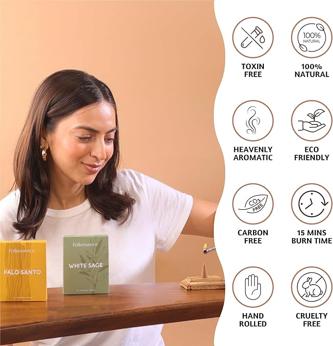Folkulture Incense Cones Scented, Set of 2 Inscents-Cones (30 Cones), Natural Fragrances - White Sage Insence Cones for Relaxation, Aromatherapy, Palo Santo & White Sage