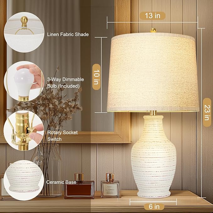 Scenekoy 23" Ceramic Table Lamps Set of 2 with 3-Way Dimmable Bulb,Rotary Switch,Lamps for Living Room,Bedside Lamp with Linen Shade,Nightstand Lamps of 2 for Living Room Bedroom(Bulb Included) - Bloomnest