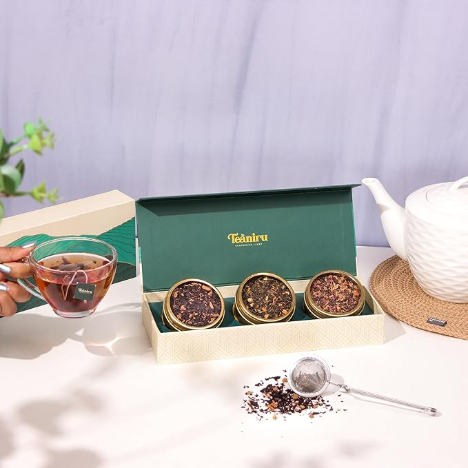 Teaniru, Novelty Tea Collection – Pack of 200 | Loose Leaf Tea Sampler Gift | 3 Flavored Tea - Black, Herbal & Green Tea | Loose Leaf Tea Gift Set for Corporate Gifting | Thanks Giving - Bloomnest