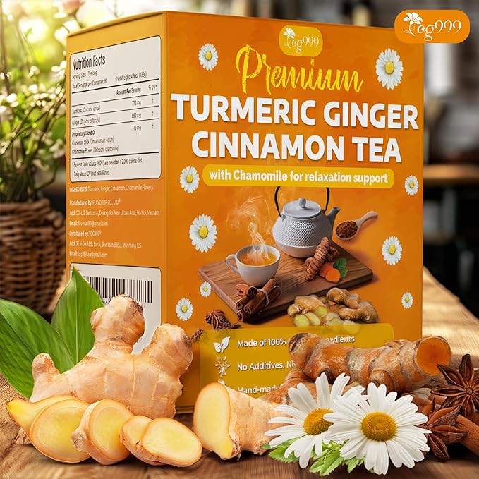 TOG999, Turmeric Ginger Cinnamon Tea Bags | 60 Count | Herbal Blend with Turmeric, Ginger, Cinnamon Stick & Chamomile Flowers for Relaxation | Naturally Flavorful, Caffeine-Free | Packed in Paper Box - Bloomnest