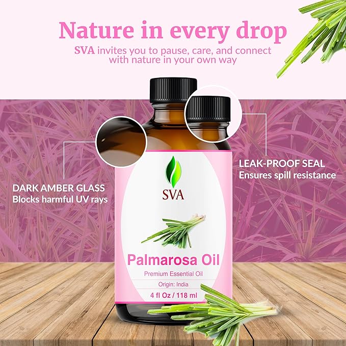 SVA Palmarosa Essential Oil – 4 Fl Oz – 100% Natural Palmarosa Oil - for Diffuser, Hair Care, Face, Skin Care, Aromatherapy, Scalp and Body Massage, Soap and Candle Making – with Dropper - Bloomnest