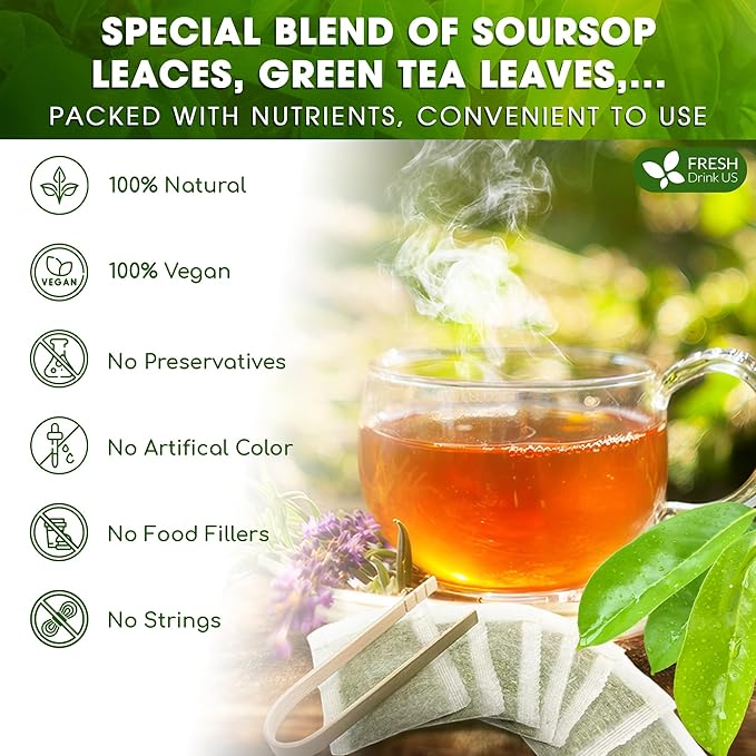 FreshDrinkUS, Premium 75 Tea Bags Soursop Green Tea, 100% Natural & Proprietary Blend from Soursop Leaves and Green Tea. Smooth Flavor. Made with Eco-Conscious Tea Bags. No Additives No Sugar, Vegan. - Bloomnest