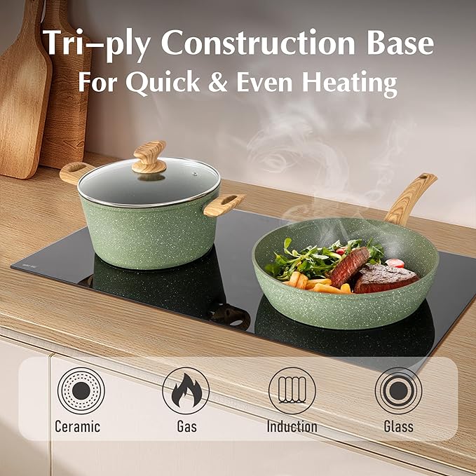 MAISON ARTS Pots and Pans Set Non Stick, 12 Piece Green Granite Kitchen Cookware Induction Compatible, Pot and Pan Sets for Cooking Nonstick - Bloomnest