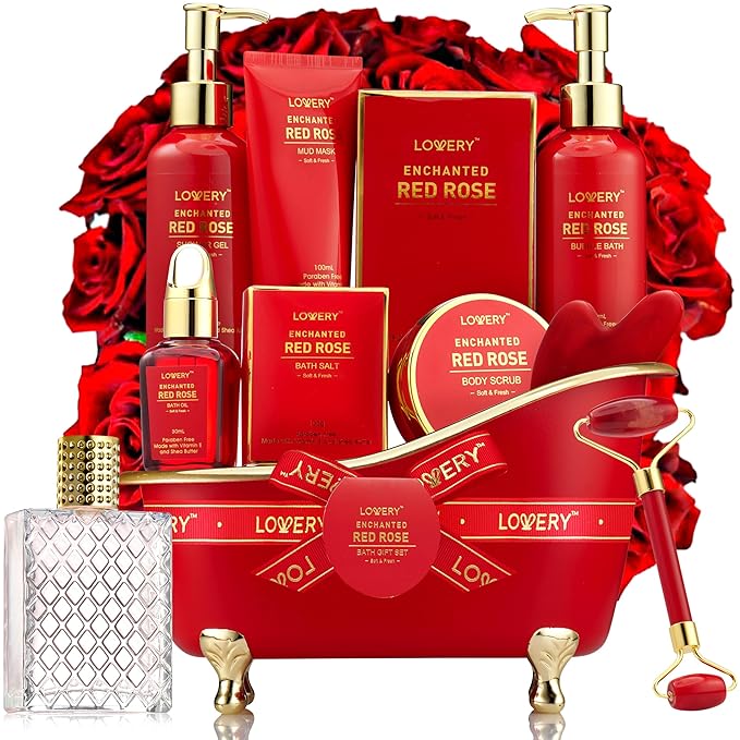 Valentines Day Gifts for Her, Red Rose Valentine Spa Gifts for Women, Bath and Body Gift Set, Pampering Gift Basket, Birthday Gifts for Mom with Perfume, Jade Roller, Quartz Gua Sha Stone & More - Bloomnest