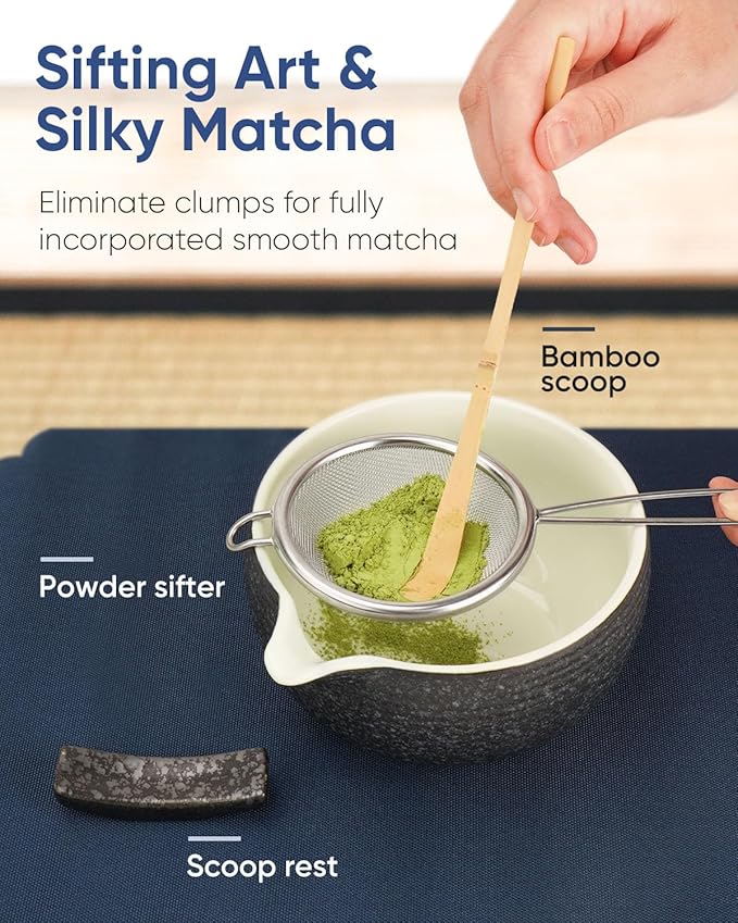 7 Pcs Matcha Kit Set, Matcha Whisk and Bowl with Spout, Powder Sifter, Whisk Holder, Bamboo Scoop and Scoop Rest, Perfect Prepare Tools for Making Matcha Tea (Charcoal Grey) - Bloomnest