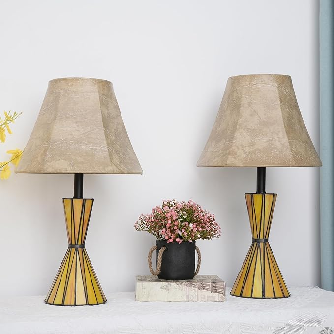 Set of 2 Glass Table Lamps with Stained Glass Night Lights 3-Way Dimmable Bedside Lamps with 12 inches Imitation Sheepskin Shade Modern Nightstand Lamps for Bedroom Living Room - LED Bulbs Included - Bloomnest