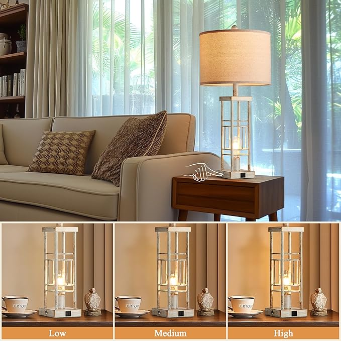 Table Lamp for Living Room Set of 2 with USB C+A & Bulbs, 3-Way Dimmable 27.6" Farmhouse End Lamps, Rustic Bedside Lamp for End Tables, Industrial Nightstand Lamps for Bedroom - Bloomnest