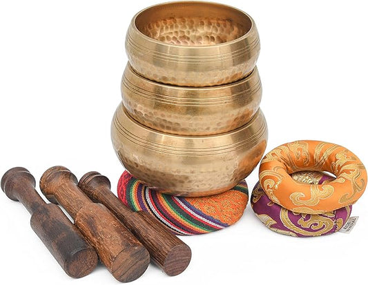 Tibetan Singing Bowl Set - Authentic Cuencos Tibetanos for Sound Healing, Meditation & Chakra Balancing - Includes Cushion, Mallet-Unique Spiritual Gifts for Women and Men (3 Chakra Set) - Bloomnest
