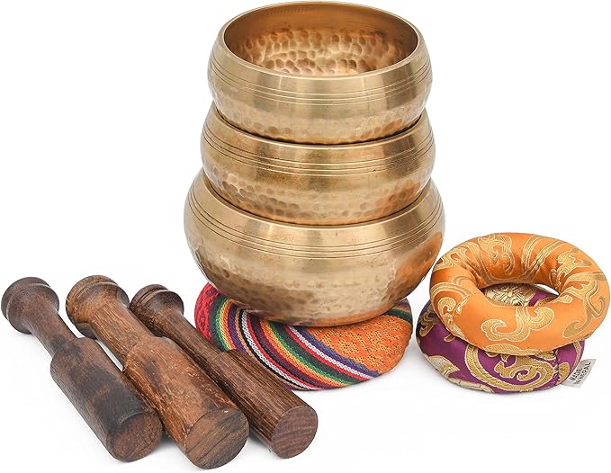 Tibetan Singing Bowl Set-Authentic Cuencos Tibetanos for Sound Healing, Meditation & Chakra Balancing - Includes Cushion, Mallet-Unique Spiritual Gifts for Women and Men (3 Chakra Bowl Set) LNYSI