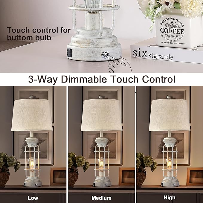 Farmhouse Lamps Set of 2, 28.5" Touch Lamps for Nightstand with USB C+A Ports, LED Bulbs Included - Bloomnest