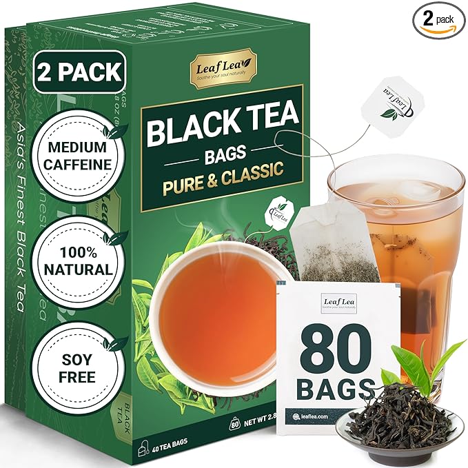LeafLea 80 Black Tea Bags, Premium Black Tea Leaves, Rich Bright and Firmly Astringent, Promotes Digestive Comfort & Steady Alertness, Caffeinated, Sugar-Free, Vegan, Enjoy Hot or Iced - Bloomnest