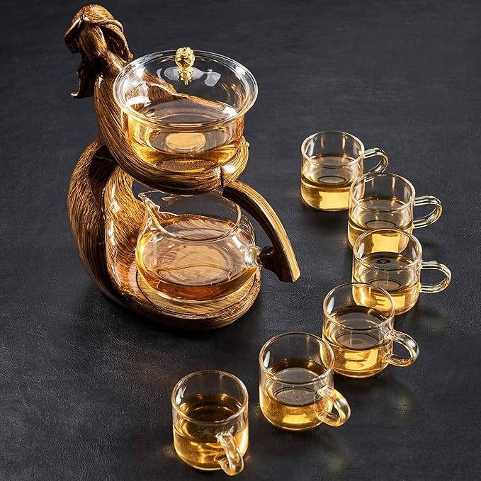 Glass Kungfu Teapot Set Tea maker with Infuser Semi Automatic Tea Set with 6 Small Cups (Brown) - Bloomnest
