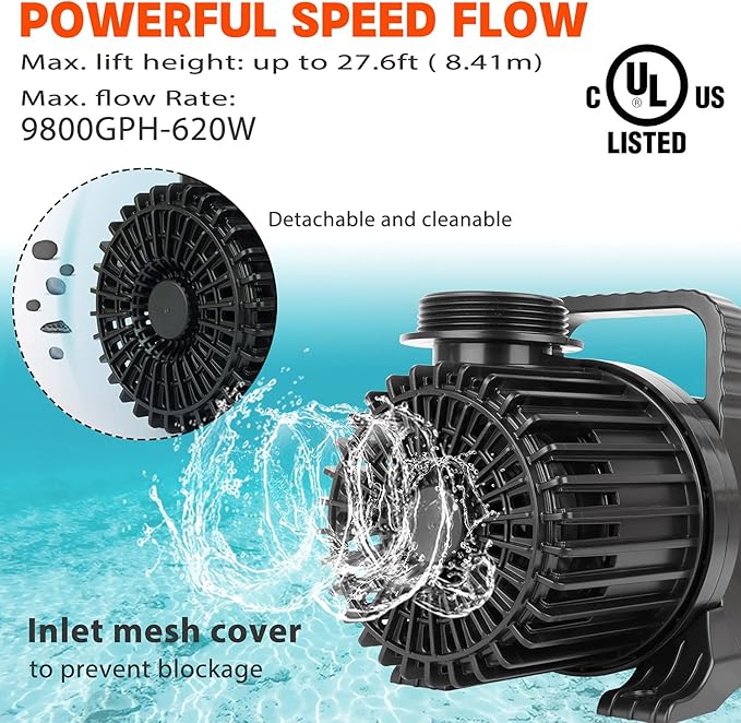 WaterRebirth (9800GPH-620W,UL listed) High Flow Submersible Pond Water Aquarium Pump Multi Scenario Application - Bloomnest