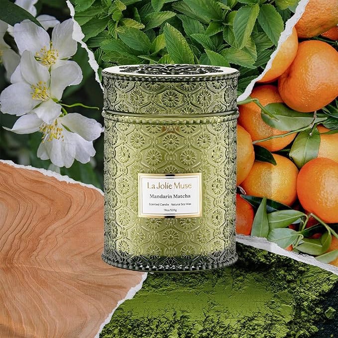 LA JOLIE MUSE Mandarin Matcha Candle - Bergamot, Matcha, Cedarwood | 19 oz Large Wooden Wick Candles | Natural Soy Wax | 90 Hours Clean Burn | Fresh Citrus Candle | Gift-Ready for Hosts - Bloomnest