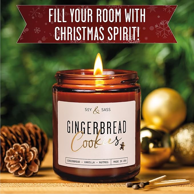 Gingerbread Candle, Christmas Candles Scented – ‘Gingerbread Cookies’ Soy Candle, w/Gingerbread, Cinnamon & Vanilla - Infused with Essential Oils I 9oz, 50Hr, Made in USA - Bloomnest