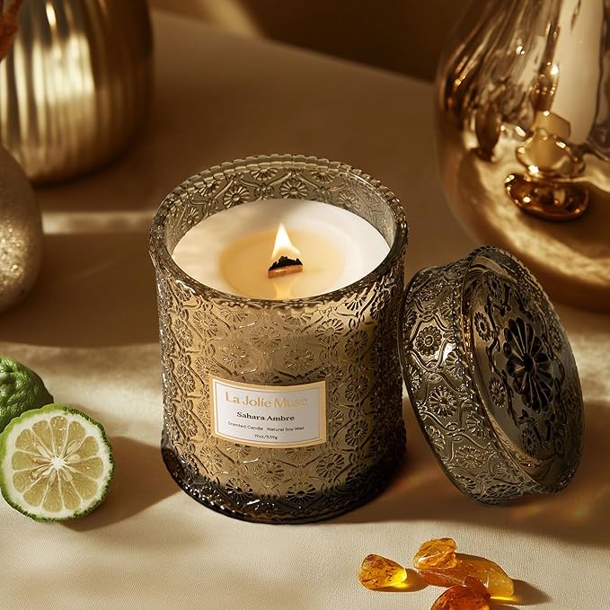 LA JOLIE MUSE | Sahara Amber Candle | Bergamot, Clove & Amber | 19 oz Wooden Wick | Natural Soy Wax | 90 Hours Clean Burn | Gift-Ready for Cozy Nights | Elevated Fall Décor - Bloomnest